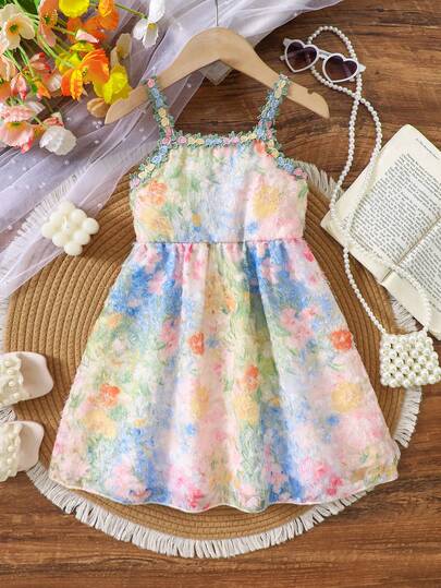 Young Girls' Summer -Style Ditsy Floral Spaghetti Strap Dress, Colorful Painting Floral Pattern + 3D Flower Decor Shoulder Straps, Young Girls' Fresh And Elegant Dress Suitable For Vacation, Casual, Party And Other Occasions