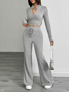 Set de 2 piezas: Top ajustado de manga larga con media cremallera en gris y cinturón ancho & Pantalones de pierna ancha, conjunto de ropa casual y de moda para primavera - gris medio - Ver 7
