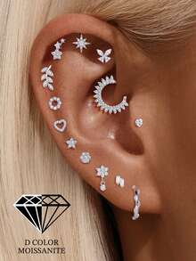 1Pc 925 Sterling Silver Moissanite Romantic Star Stud Earring Flat Back Cartilage Helix Piercing Hypoallergenic Pure Silver Suitable For Women'S Daily Wear,Wedding,Parties, And Banquet Occasions - Silver - View 2