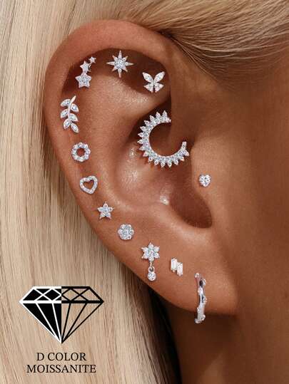 1件925纯银莫桑石浪漫星形耳钉，平底耳骨耳廓穿孔，低过敏性纯银材质，适合女性日常佩戴、婚礼、派对和宴会等场合。