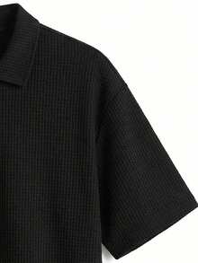 复古男士华夫格纹两件套：黑色半拉链 Polo 衫搭配休闲短裤，简约日常穿搭 - 黑色 - 查看 4