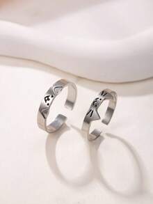 2件套304不锈钢可调节开口戒指，黑色树脂装饰，猫狗造型，适合女性日常佩戴或作为礼物 - 銀色 - 查看 2
