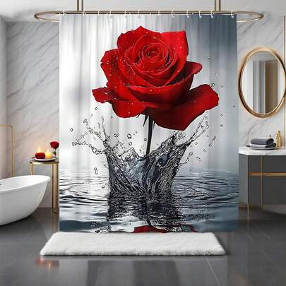 1pc Minimalist Rose Shower Curtain, Fashionable Rose Printed Shower Curtain, Various Room And Bathroom Decoration Partitions, Bathroom Accessories Shower Curtain, Bathtub Curtain