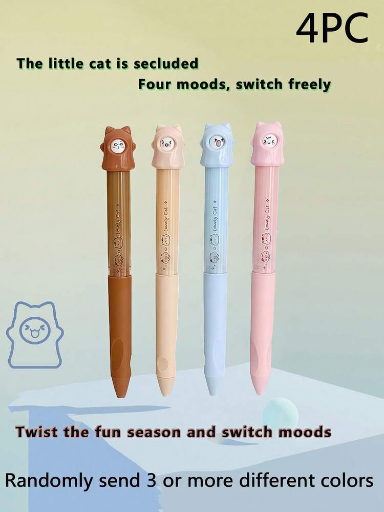 4pcs Creative Cat Rotating Neutral Pens, 0.5mm Black Ink Ballpoint Pens, Rotating Pattern Office Supplies Small Gifts, Cute Neutral Pens, Fashion Pens For Women, School Stationery, Fun Design Pens, Playful Stationery, Comfortable Grip, Fine Tip, Multi-Pattern Pens, Rotating Press Pens, Student Gifts, Stationery Enthusiasts - Multicolor - View 13