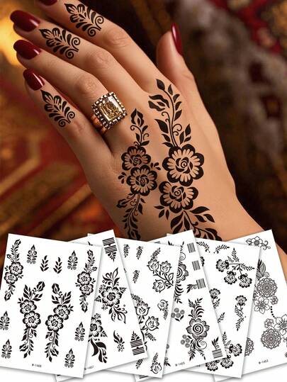 6张黑色海娜临时纹身贴纸，带花卉图案 - 曼海蒂设计临时纹身贴纸，适用于派对和节日人体彩绘