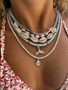 5件套波西米亚海滩度假风人造珍珠人造贝壳串珠鱼尾海星多层项链，适合女士约会、派对、日常通勤、周年纪念、节日礼物 - 彩色 - 查看 1