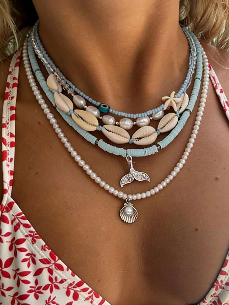 5件套波西米亚海滩度假风人造珍珠人造贝壳串珠鱼尾海星多层项链，适合女士约会、派对、日常通勤、周年纪念、节日礼物 - 彩色 - 查看 1