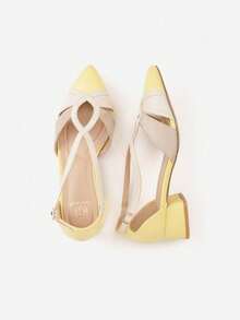 Sapatos de salto vazado com tiras metálicas - Amarelo - Ver 6