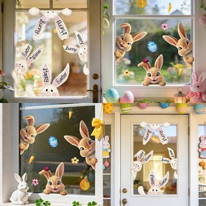 1/2pcs Easter Bunny Window Clings Peeking Rabbit With Colorful Eggs And Carrot Static Stickers Removable Glass Decals For Spring Holiday Party Home Living Room Decoration