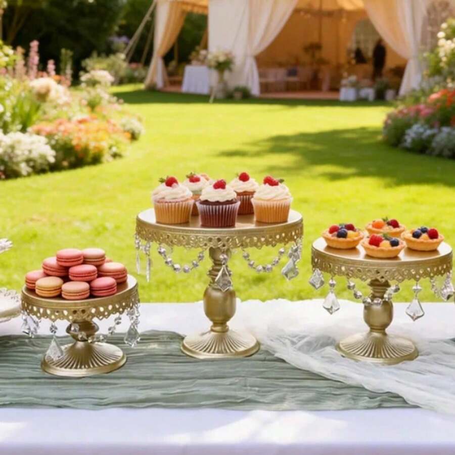 3Pcs Antique Cake Stand Set - Round Metal Cupcake Stands With Pendants And Beads - Elegant Dessert Display, For For Wedding, Birthday Party Decor, Gold/ White/Pink - Champagne - View 1