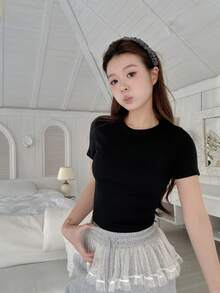 Women's All-Match Black Crop Top, Minimalist Versatile Y2K Streetwear, Fitted Waist Sexy Casual Beach Daily Wear - Black - View 2