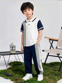 2pcs Young BoySpring/Summer Short Sleeve Polo Shirt And Drawstring Pants Set, Color Block, Casual, Comfortable, Versatile - Royal Blue - View 7