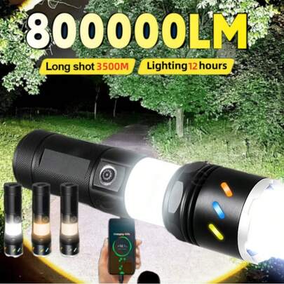 Linterna LED de alta luminosidad, 8 modos, 3 colores, luz lateral COB, luz táctica de alta potencia, zoom, resistente al agua, recargable, batería incorporada, adecuada para camping al aire libre, pesca, senderismo, patrulla de caza, iluminación de emergencia en el hogar