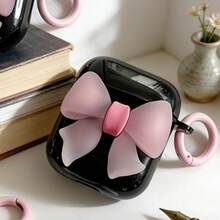 哑光粉色蝴蝶结纯黑外壳保护套，兼容苹果无线耳机盒，防刮防震 - 黑色 - 查看 1