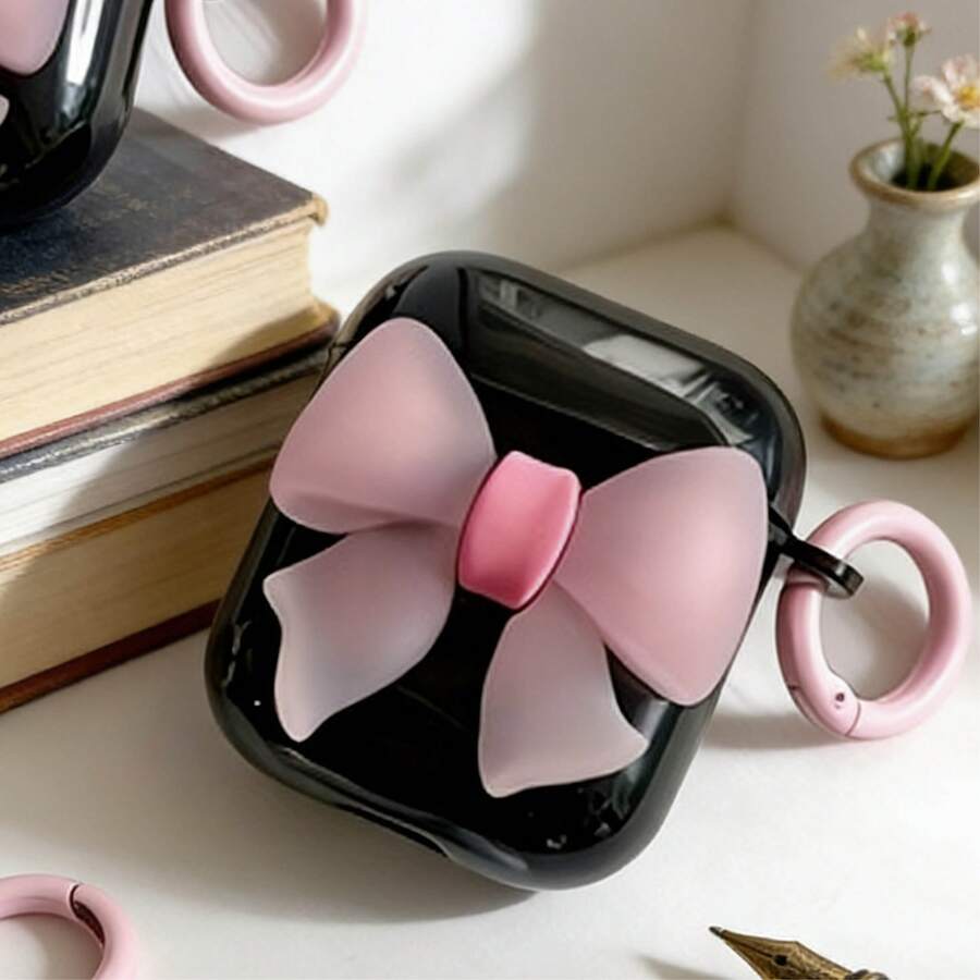 哑光粉色蝴蝶结纯黑外壳保护套，兼容苹果无线耳机盒，防刮防震 - 黑色 - 查看 1