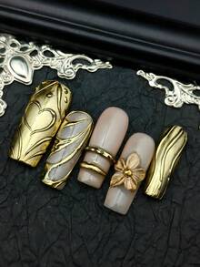 Bộ 10 móng giả hình chữ nhật màu vàng óng ánh, đính sequin đỏ, nơ bạc 3D thủ công, họa tiết sóng bạc và hình tròn kiểu Pháp, thích hợp cho ngày Valentine, tiệc năm mới, dành cho cả nam và nữ. Đi kèm keo dán móng và dũa móng. Móng giả dán thủ công. - Vàng - Xem 7