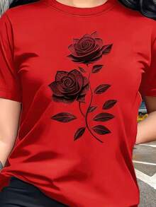 Women's Flower T-Shirt Blouse, 100% Cotton, Floral Fashion - 紅色 - 查看 2