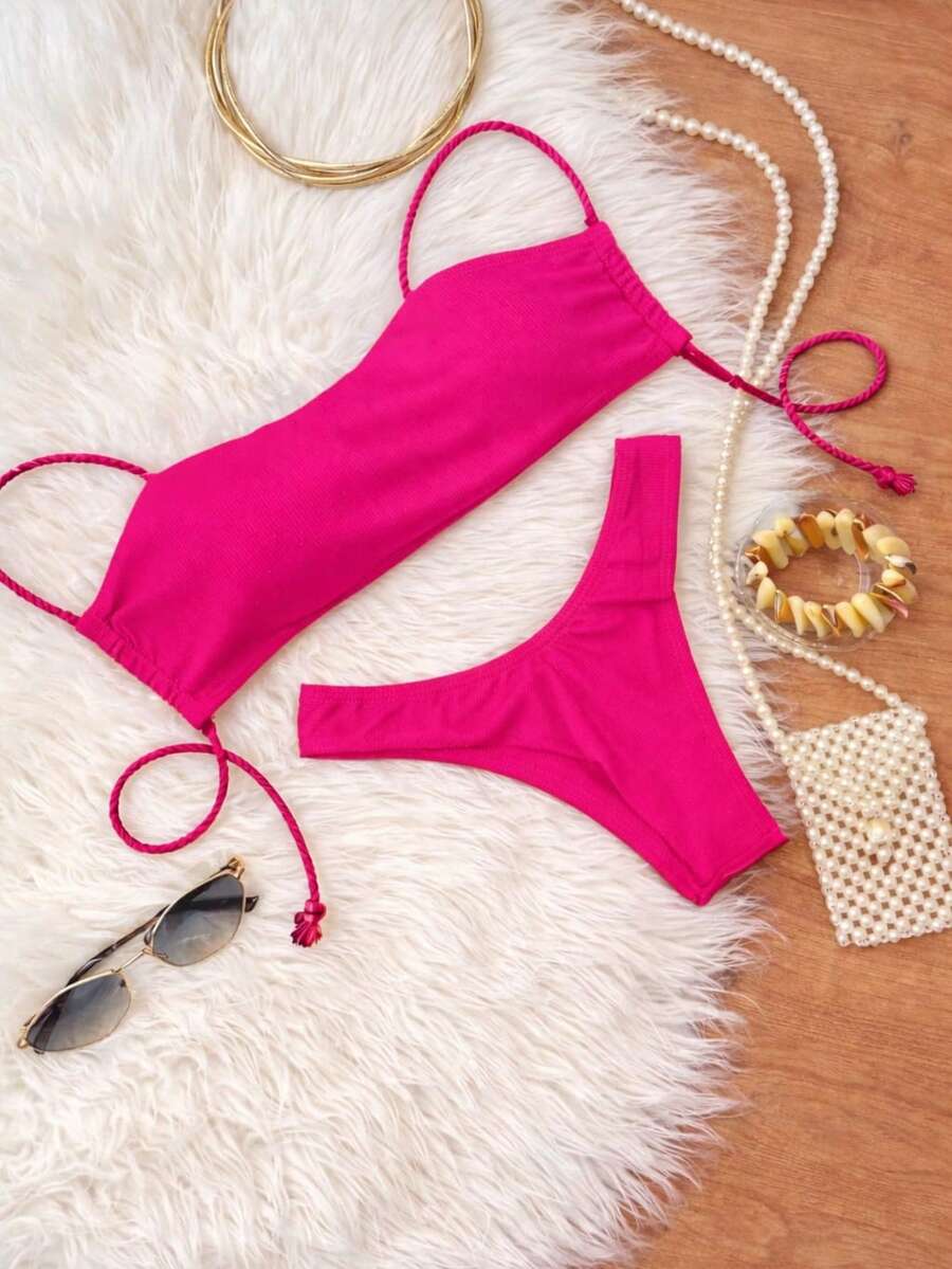 Women's Cropped Bikini Top And Double-String Thong Bottom - Màu Hồng Tươi - Xem 1