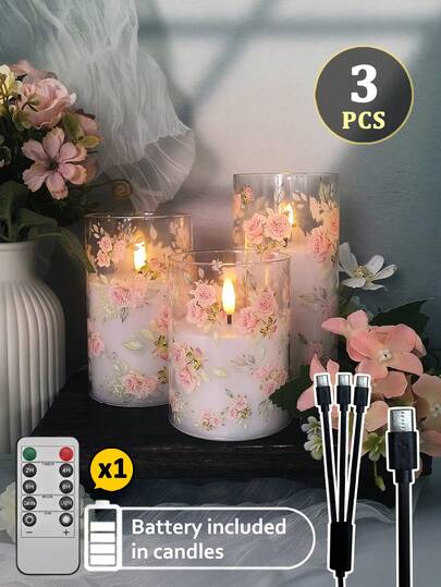 三件套：LED无焰蜡烛灯（带遥控器/定时器）、Type-C充电线、印花蜡杯蜡烛，适用于桌面装饰，是圣诞节、万圣节、情人节、母亲节、生日、求婚、婚礼、餐桌、派对、节日氛围装饰的理想礼物。