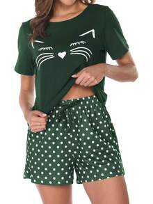 ¡RecomendadoConjunto de Pijama para Mujer, Conjunto Playera y Shorts, con Bolsillos, Pijamas Algodón Suave Ropa, Motivo Felino, Camisas de Dormir¡Top de Temporada - Verde - Ver 10