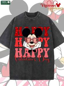 Disney Mickey And Minnie Happy Valentine's Day Couple Vintage Washed T-Shirts 180g Washed Cotton Mickey And Minnie Flower Bouquet Loose Short-Sleeved Couple's Outfit - 黑色 - 查看 2