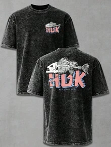 HUK Fishing Fish Skeleton Wash Cotton Vintage Distressed Oversized Graphic Tee Men's Short Sleeve Pure Cotton T-Shirt Loose Fit, Retro Outdoor Streetwear Vintage Casual Fishing Aesthetic Baggy 100% Cotton Pullover Gift - 黑色 - 查看 1