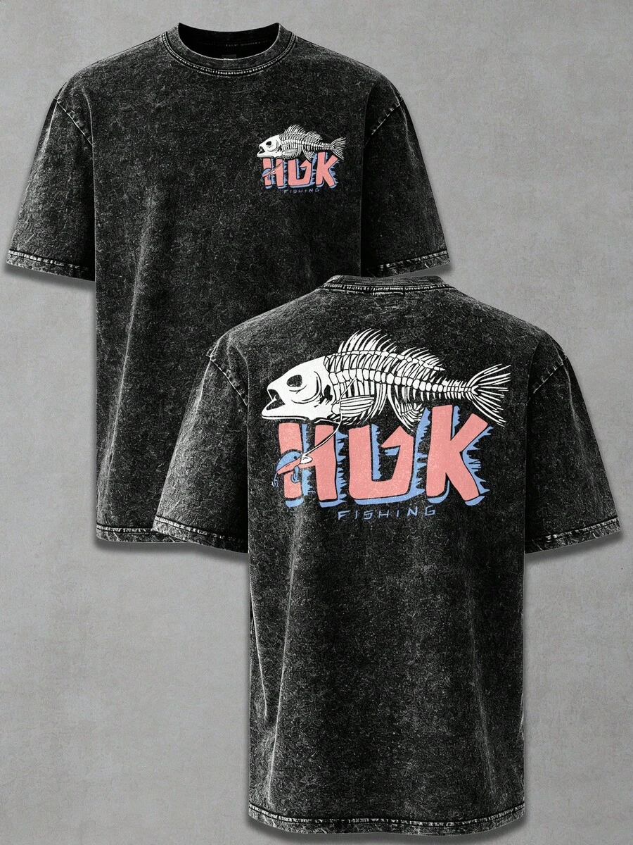 HUK Fishing Fish Skeleton Wash Cotton Vintage Distressed Oversized Graphic Tee Men's Short Sleeve Pure Cotton T-Shirt Loose Fit, Retro Outdoor Streetwear Vintage Casual Fishing Aesthetic Baggy 100% Cotton Pullover Gift - 黑色 - 查看 1