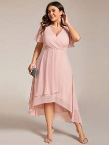 EVERPRETTY Plus Size Elegant Chiffon V-Neck Ruched Front Bridesmaid Dress, Soft High-Low Ruffle Hem, Suitable For Wedding, Formal Occasions - Baby Pink - View 7