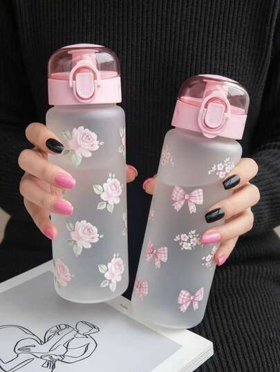 BENNY 780ml Pink Rose & Bow Sports Water Bottle With Handle, Leakproof PC Tritan Material, Quick-Lock Flip Lid | Valentine's Day, Mother's Day, Birthday, Christmas Gift For Her, Women, Girlfriend, Wife, Teen Girl