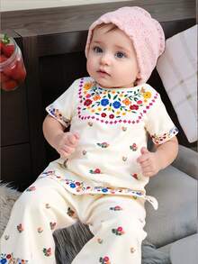 2pcs/Set Baby Girls Floral Print Short Sleeve Top And Pants Set, Lightweight Summer Outfit, Cute Casual Clothes For Newborn Infant Toddler, Bohemian Style, 0-1-2-3 Years, 6-9 Months, Suitable For Outdoor, Vacation, Birthday Gift - Multicolor - View 7