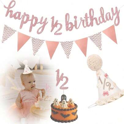 Decoratieset voor een feestje van 6 maanden (halve verjaardag) - Inclusief babymutsje, halve Happy Birthday-banner, vlaggetjes en fotorekwisieten voor de babyshower voor jongens en meisjes.