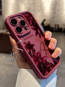 客製化姓名字母手機殼，百合邊框圖案 TPU 加厚防摔全包覆矽膠鏡頭保護殼，適用於 及 17/17Pro/17ProMax/17Air/16/16Pro/16ProMax/15/15Pro/14/13/12/11，個性化禮物 - 酒紅色 - 查看 7