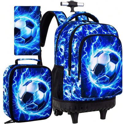 Rolling Backpack For Boys And Men, 3PCS Roller Bookbag With Lunch Bag For Kids, Wheeled School Bag For Children - Lightning Soccer