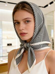 1条时尚简约复古黑白条纹三角围巾，适合日常办公、度假及其他场合。 - 白色 - 查看 5