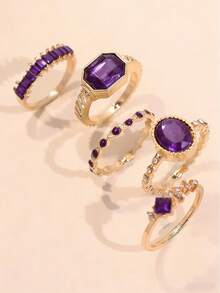 4件套时尚精致奢华百搭休闲优雅紫色水钻金戒指，适合作为送给女朋友、结婚订婚的礼物 - 彩色 - 查看 4