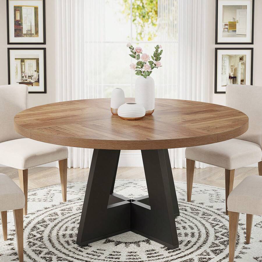 FINMIND 7 Inch Round Dining Table Wood Kitchen Table For Dining Room, 47" Dinner Room Tables For 4-6, Farmhouse Accent Furniture With Wooden Tabletop And Cross Base - Brown & Black - View 1