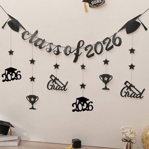 2026毕业派对装饰品，黑色闪光横幅，流苏旗，博士帽悬挂装饰，1套/1件