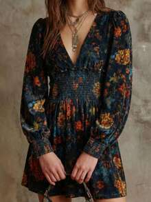 Womens Boho Vintage Floral A Line Short Dress Deep V Neck Long Bishop Sleeve Casual Party Dress With Shirred Details - màu đen - Xem 1