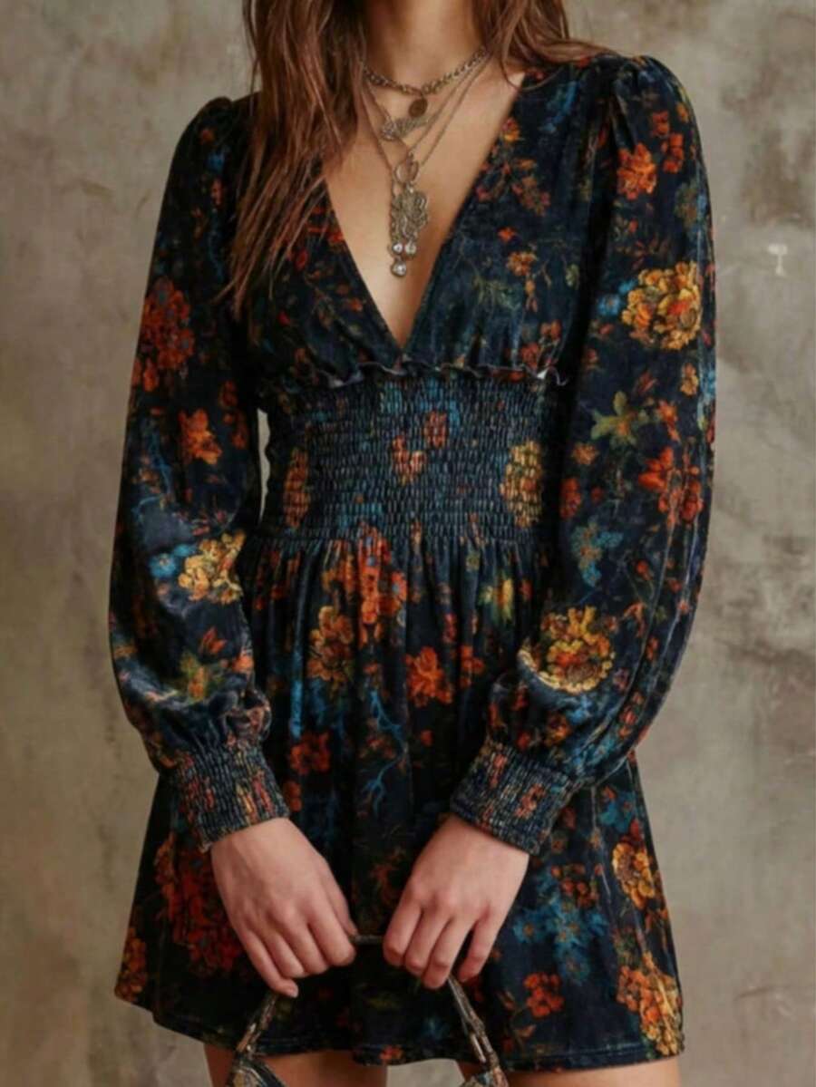 Womens Boho Vintage Floral A Line Short Dress Deep V Neck Long Bishop Sleeve Casual Party Dress With Shirred Details - màu đen - Xem 1