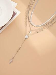 4pcs/Set Elegant Geometric Flat Snake Chain Faux Pearl Beaded Long Y-Shaped Tassel Rhinestone Cross Pendant Necklace, Luxurious Jewelry For Wedding, Party, Vacation, Daily Casual, Street Style, Women & Couples Gift - Necklace - View 6