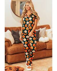 Orange Halloween Pattern Short Sleeve Shirt Pajama Set Women Sleepwear - Orange - View 3
