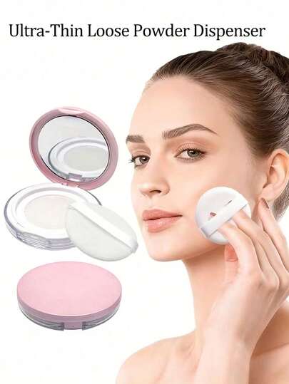 Refillable Loose Powder Box With Mirror & Puff, Ultra-Thin Loose Powder Compact - Portable, Leak-Proof Mini Travel Container With Elastic Net, Portable And Reusable, Convenient For On-The-Go Touch-Ups, Perfect For Travel & Daily Makeup Routine, A Must-Have For Beauty Lovers Makeup Tools, Travel Makeup Storage|Sleek Round Compact|Secure Flip Lid