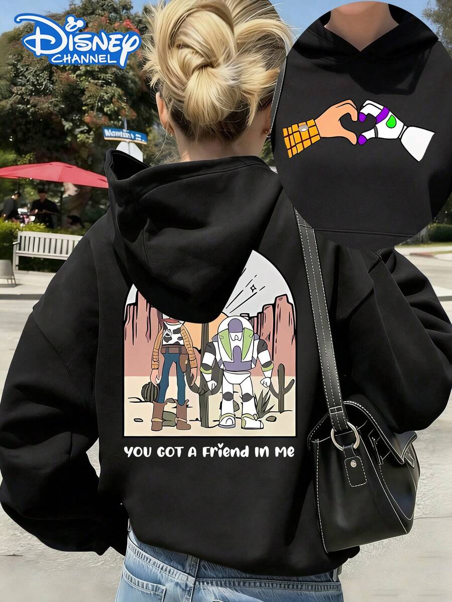 Disney Women's Hooded Sweatshirt Features A Double-Sided Toy Story Alphabet Cartoon Print Design Autumn/Winter Hooded Sweatshirt Soft, Comfortable, And Warm Fabric Essential Autumn/Winter Wardrobe Piece Perfect For Everyday Casual Wear, Travel, Or Shopping Also Makes An Ideal Gift - 黑色 - 查看 1