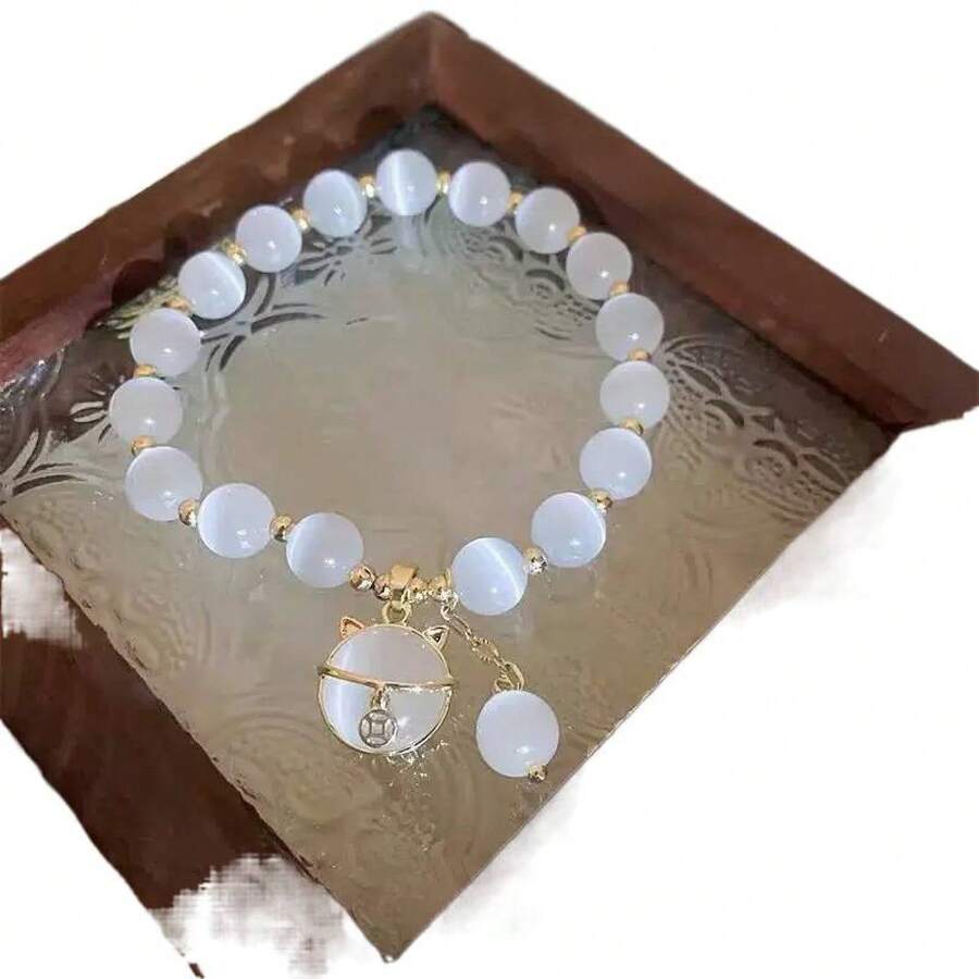 Cute White Cat Eye Beaded Bracelet With Cat & Pearl Charms, Sweet Beaded Wristband Bracelet For Women, Elegant Jewelry Women Accessory Ideal For Daily Styling & Gift Giving, Versatile Bracelets For Women - 白色 - 查看 1