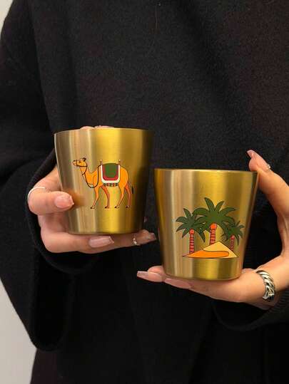 BENNY كوب قهوة عربي فاخر بتصميم الجمل الذهبي سعة 170 مل (5.7 أونصة)، مزدوج الجدران من الفولاذ المقاوم للصدأ، هدية احتفالية بتصميم ملون للجمل وشجرة النخيل على الطراز الإماراتي، ديكور منزلي للشرق الأوسط، عيد الحب، عيد الميلاد، هدية للرجال/النساء