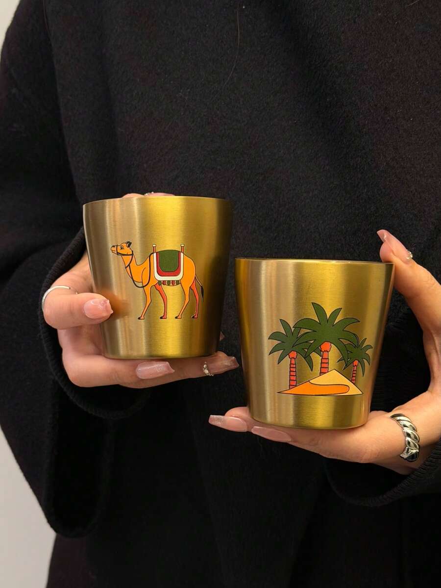 BENNY 170 ml (5,7 oz) Tasse à café arabe de luxe en or avec chameau, double paroi en acier inoxydable, cadeau de festival avec design coloré de chameau et palmier, style de Dubaï, décoration d'intérieur du Moyen-Orient, Saint-Valentin, Noël, cadeau pour lui/elle - chameau - Voir 1