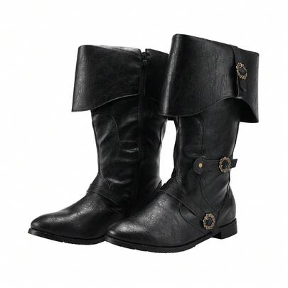 Mens Medieval Renaissance Cosplay Boots Halloween PU Leather Mid Calf Vintage Pirate Viking Shoes