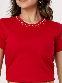 Cotton T-Shirt Blouse With Multiple Pearl Applique - Red - View 9