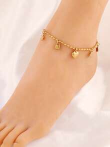 1pc Stainless Steel Heart Pendant Chain Anklet For Women 18K Gold Plated Waterproof Beads Chain Ankle Bracelet Beach Jewelry - Anklets - View 2