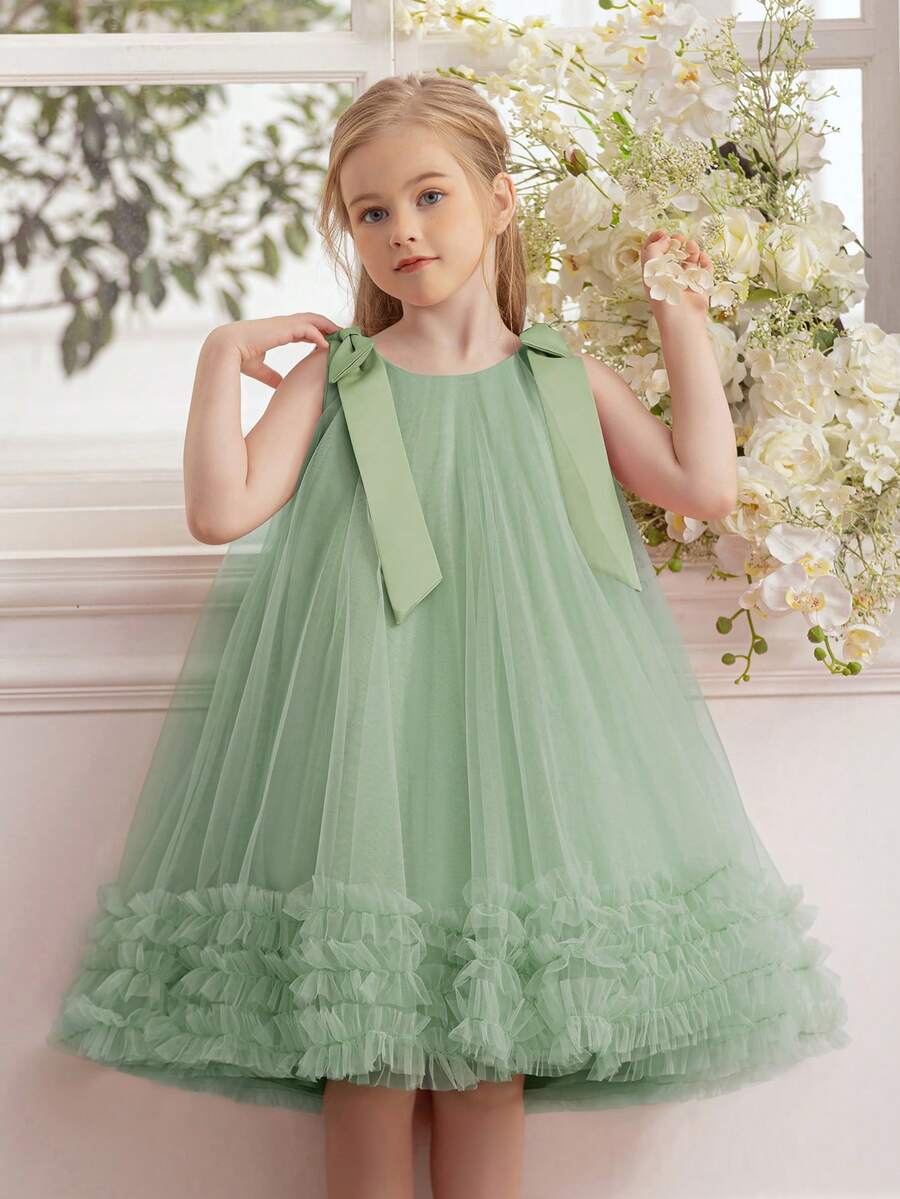 Young Girl Elegant Mint Green Bow Tulle Princess Dress, Suitable For Birthday Party, Casual Outing, Stage Performance, Holiday Celebration - Mint Green - View 1